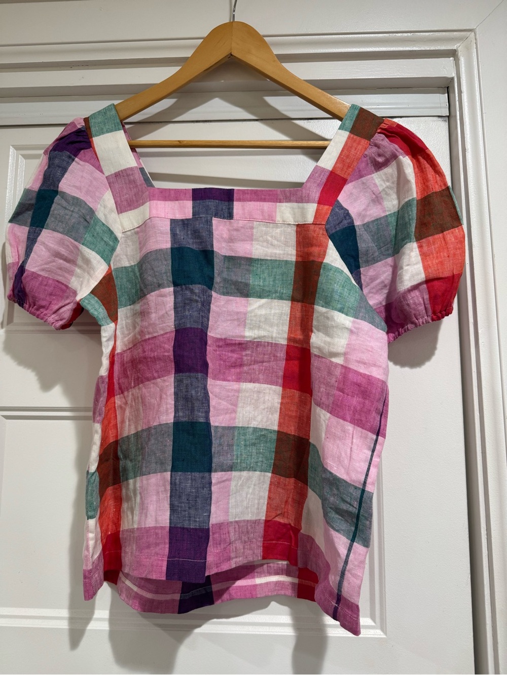 Boden Gingham Check Linen Square Neck Short Puff Sleeve Top - Picture 7 of 9